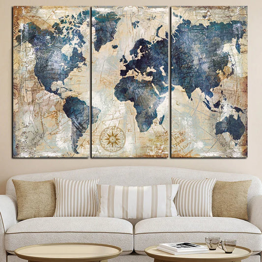 3 Panel Watercolor World Map Scandinavian