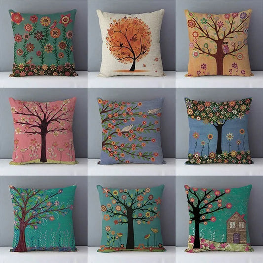 Colored trees flower printed pastoral Pillow Cover 18x18in