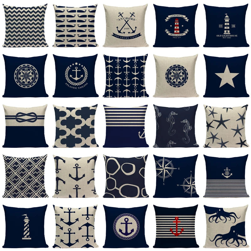 Blue Nautical Throw Pillow Covers Anchor Sea Style 18x18in