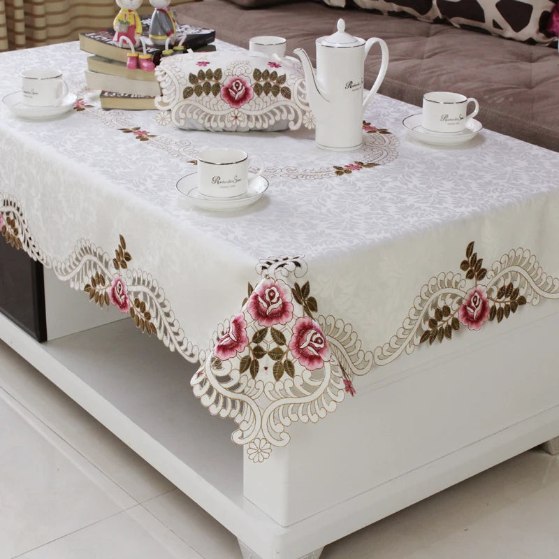 Embroidered Lace White Red Floral Table Cloth