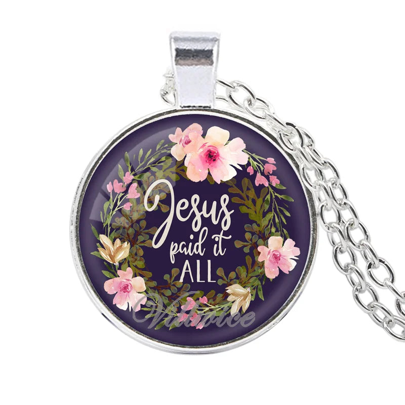 Jesus Paid It All Fashion Bible Verses Christian Necklace Glass Cabochon