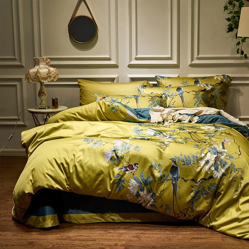 Silky Egyptian cotton Yellow Chinoiserie style Duvet Cover Bedding Set