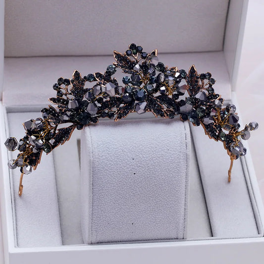 Baroque Handmade Black Crystal Beads Bridal Tiaras Crown