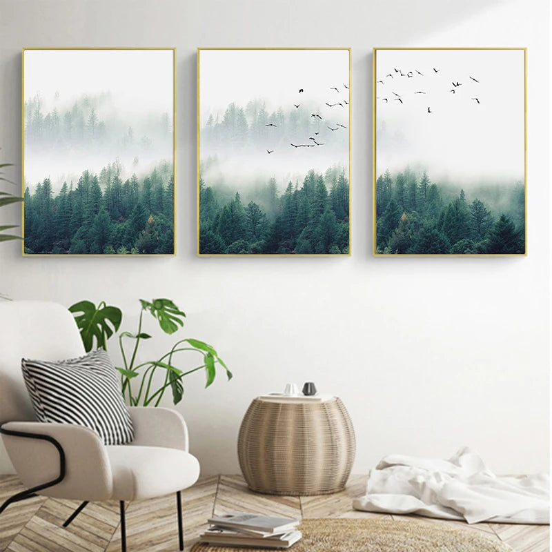 Nordic Fog Forest Birds Landscape Canvas Painting Print, 3pcs/lot