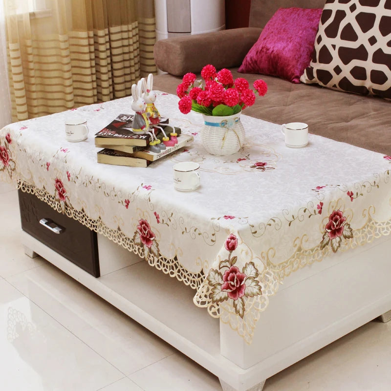 Embroidered Lace White Red Floral Table Cloth