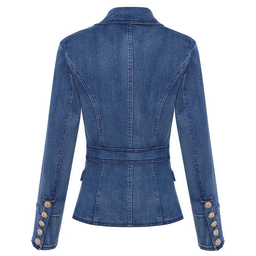 Designer Women's Double Breasted Denim Blazer Metal Lion Buttons