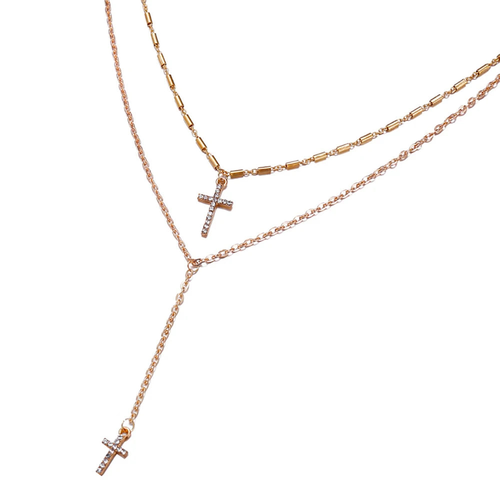 Gold Color Crystal Cross Christian Necklace