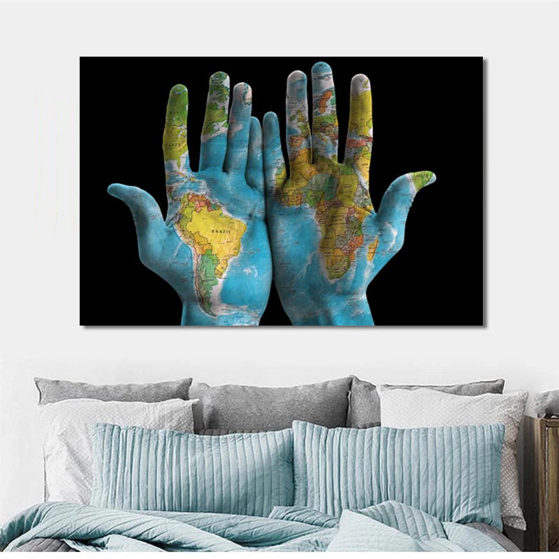 World Map on Hands Canvas Print