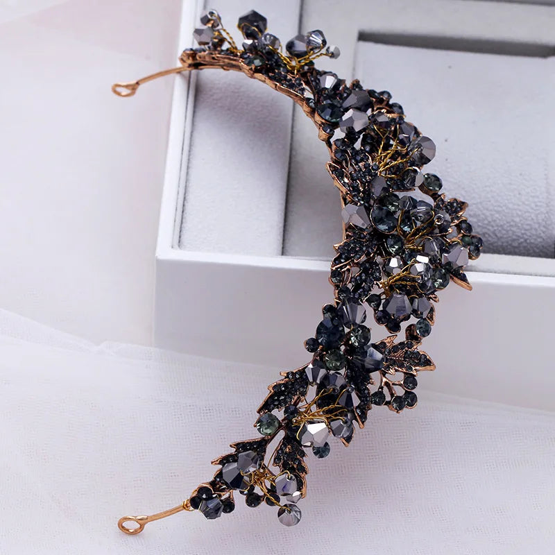 Baroque Handmade Black Crystal Beads Bridal Tiaras Crown