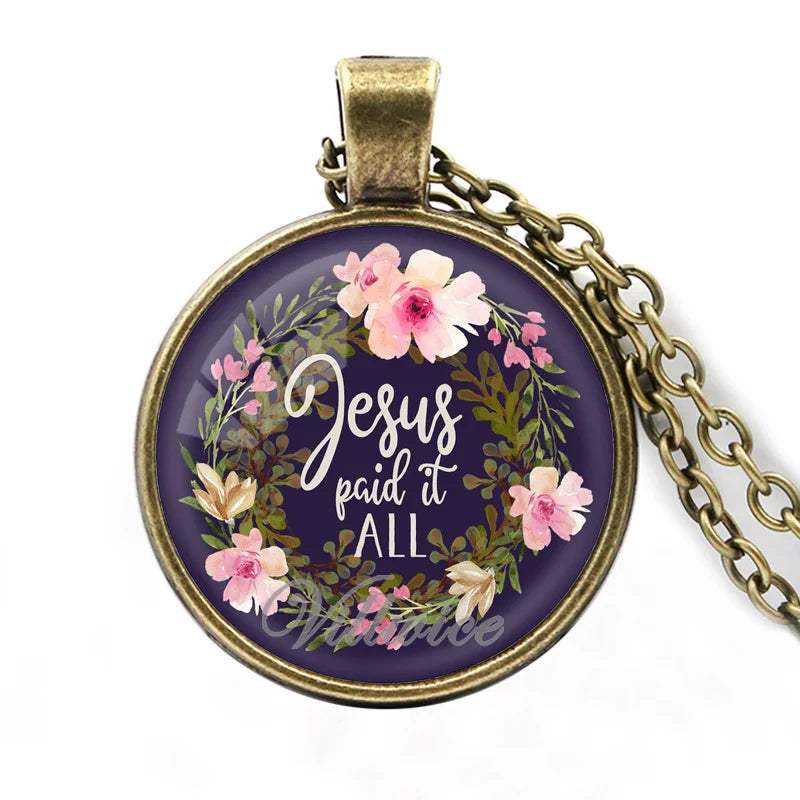 Jesus Paid It All Fashion Bible Verses Christian Necklace Glass Cabochon