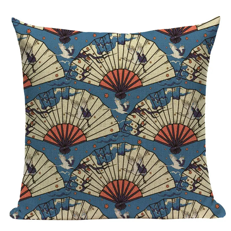 Linen Japanese Ukiyo Style Pillow Cover 18x18in