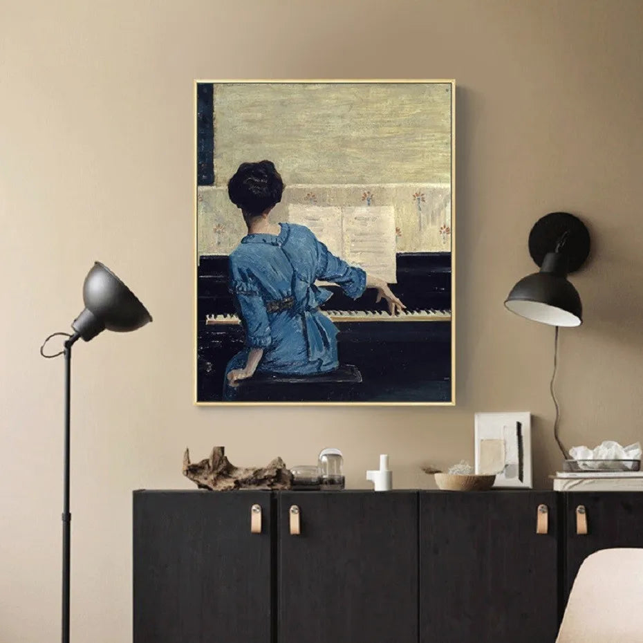 Vintage  Girl Playing Piano Canvas Painting Print