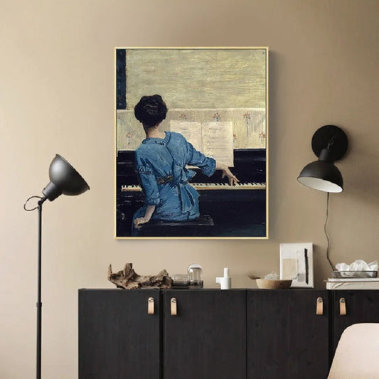 Vintage  Girl Playing Piano Canvas Painting Print