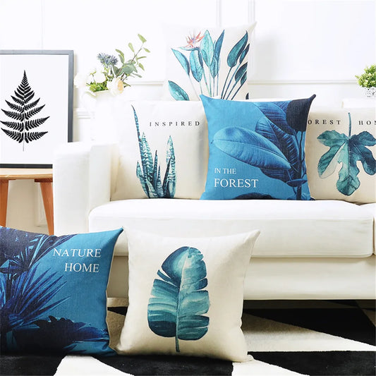 Nordic Style Blue Plant Decorative Throw Pillow Cushion Cover 18x18"