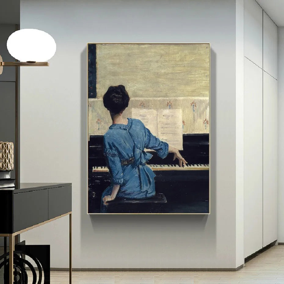 Vintage  Girl Playing Piano Canvas Painting Print