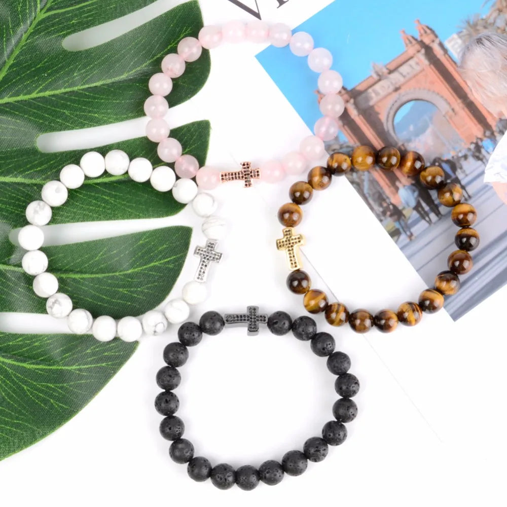 Natural Stone Christian Bracelet Men Tiger Eye Beads