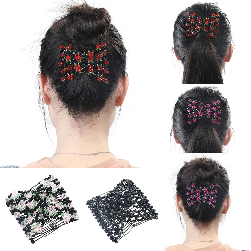 Hair Magic Comb Clip Beaded Flower Barrette Hairpin