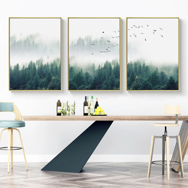 Nordic Fog Forest Birds Landscape Canvas Painting Print, 3pcs/lot