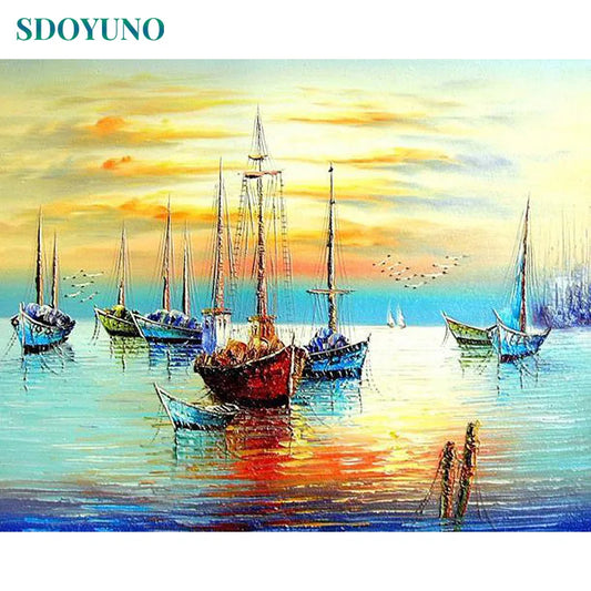 Painting By Numbers DIY Wall Pictures Fishing Boat Morning Sun