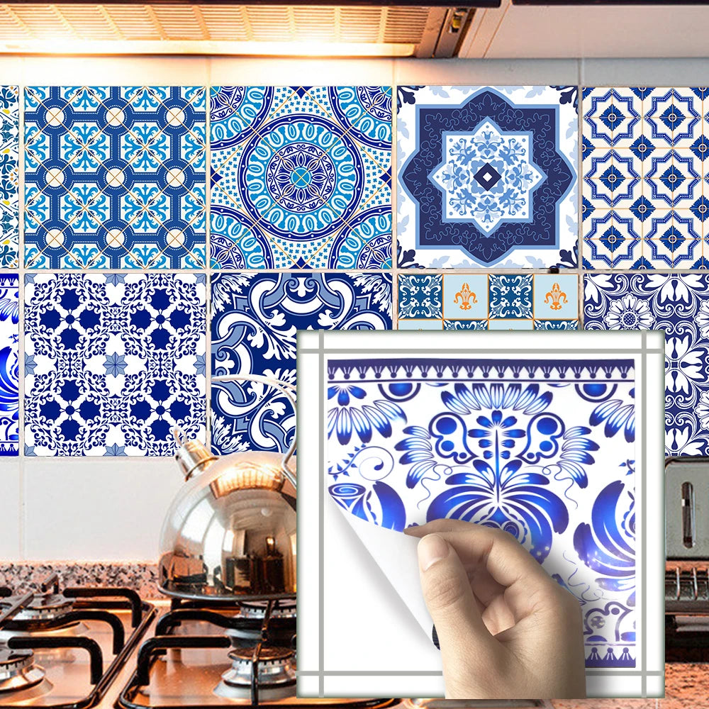 Self-Adhesive Blue & White Porcelain Tile Stickers, pack of 10