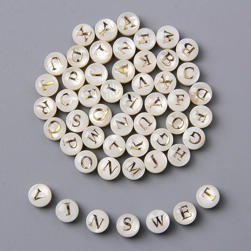 White Shell Beads26pcs/lot Cross/Vertical Hole 8mm Round Gold Color Letter