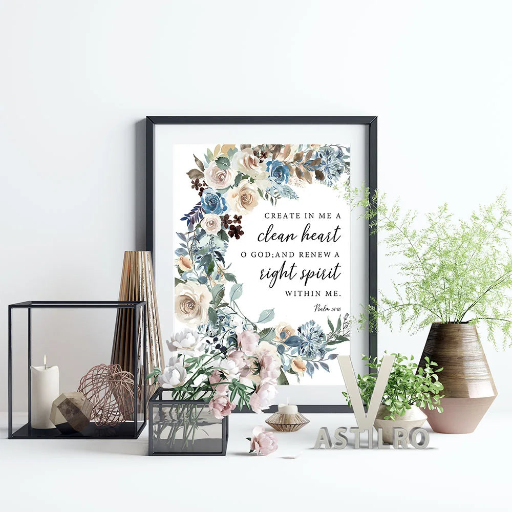 Psalm Clean Heart Bible Verse Wall Art Floral Print Scripture