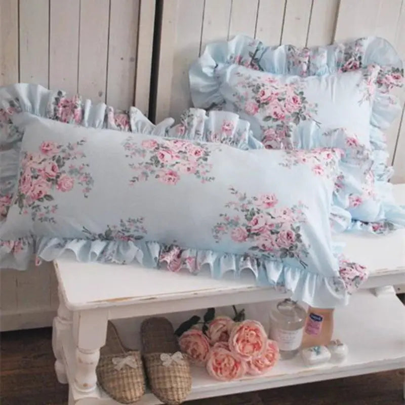 Blue Floral Elegant Ruffle Pillow Covers