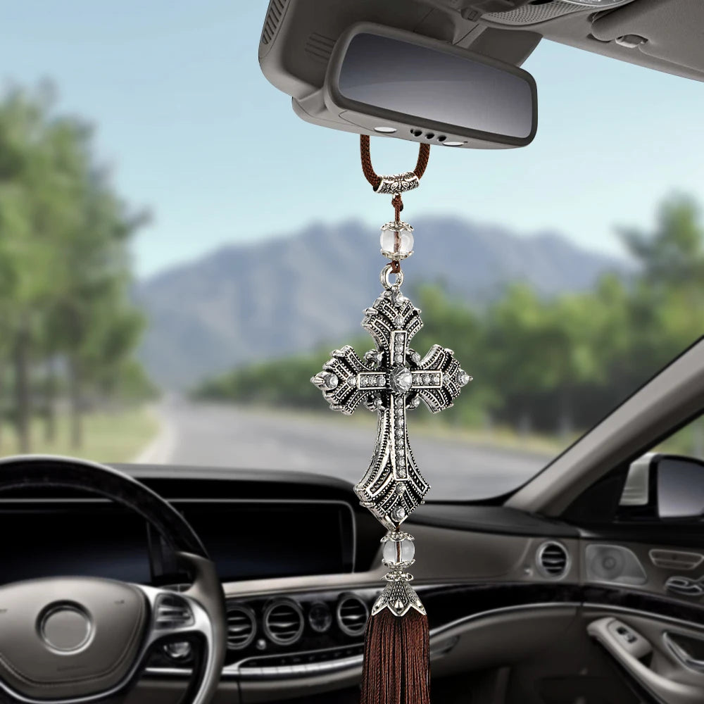 Metal And Crystal Rhinestone Cross Christian Car Rear View Mirror Decoration