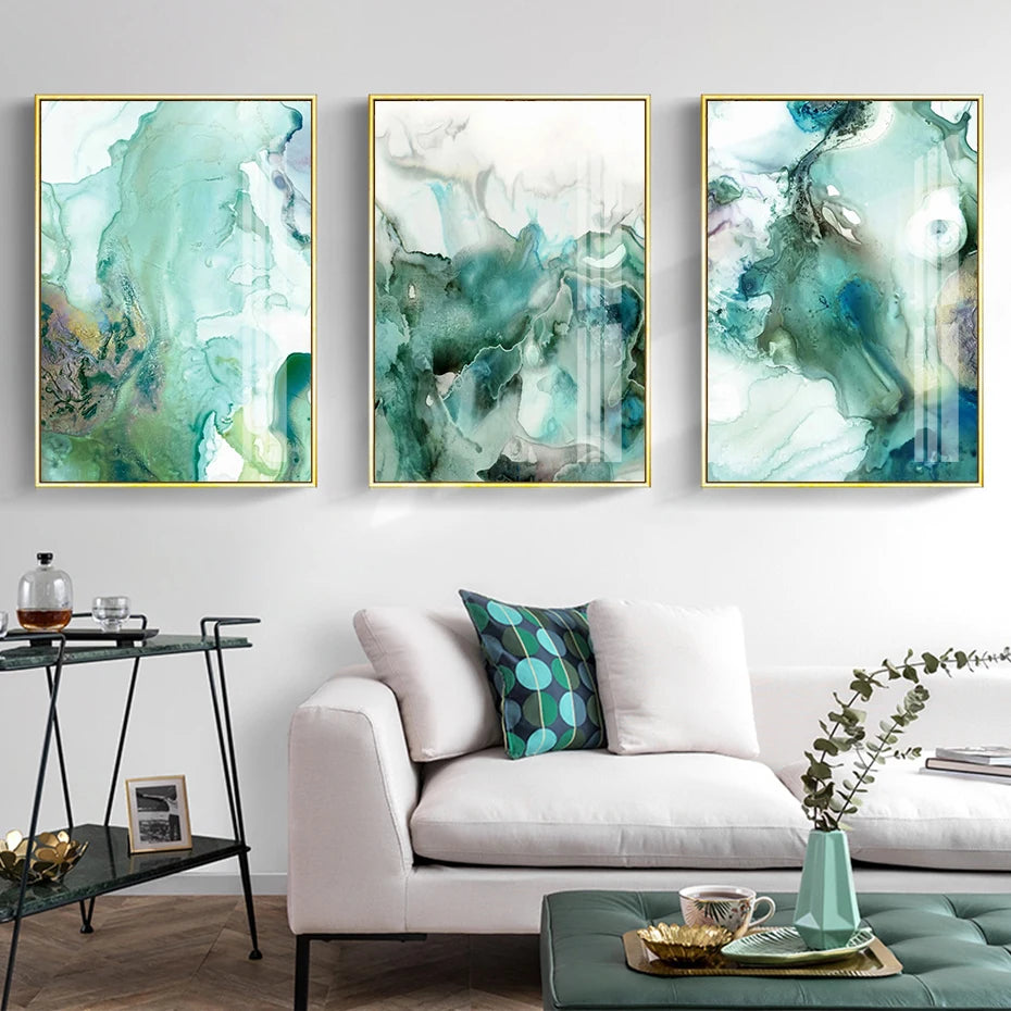 Abstract Mint Green Marble Liquid Canvas Painting Prints