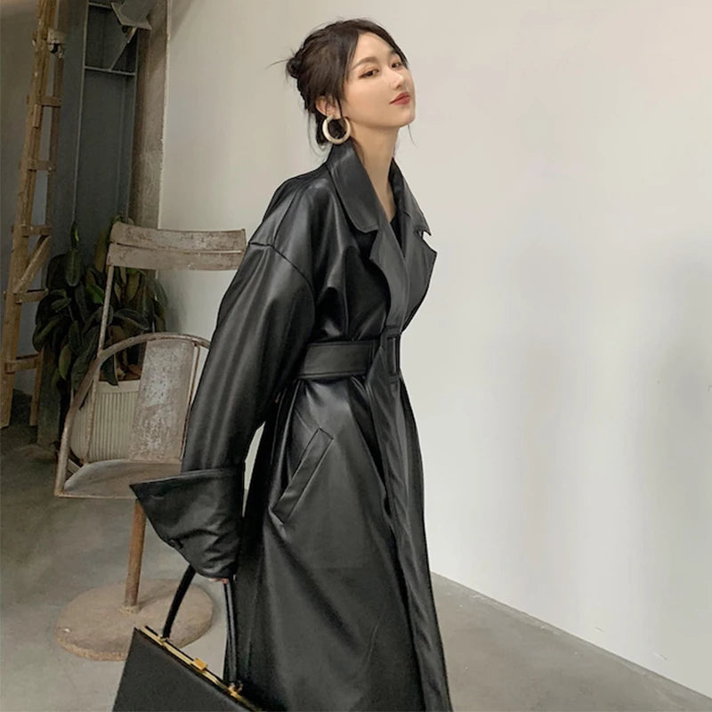 Long oversized vegan leather trench coat for women