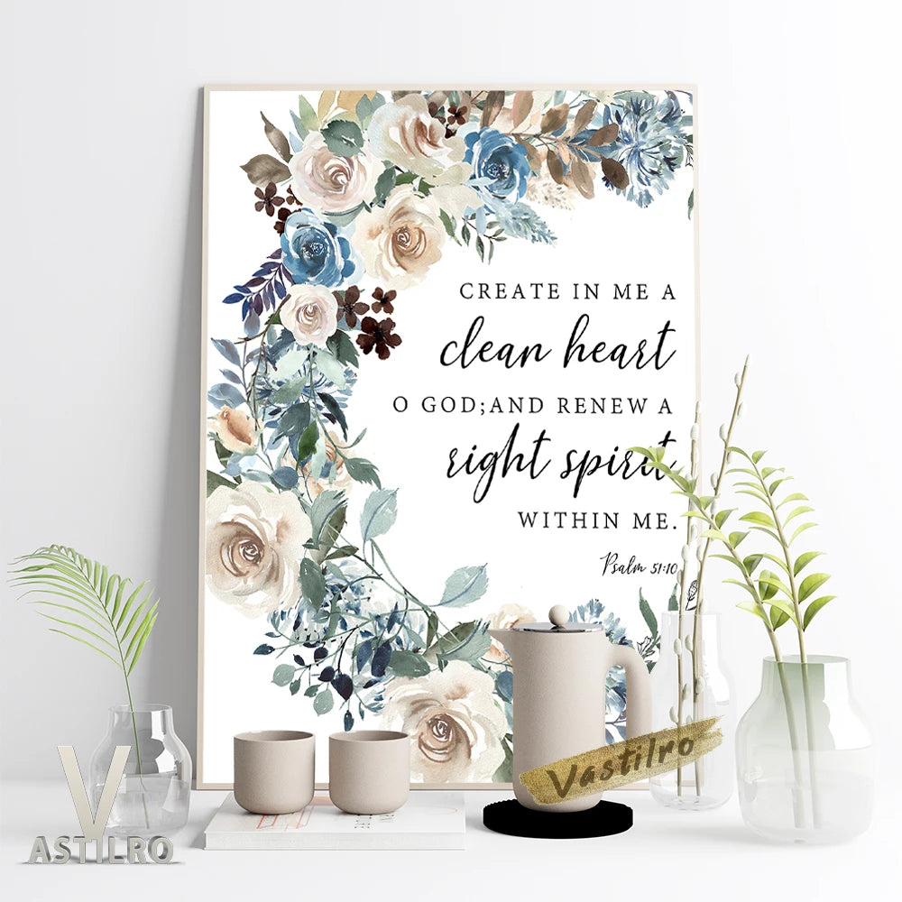 Psalm Clean Heart Bible Verse Wall Art Floral Print Scripture