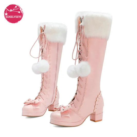 Girls Princess Lace Up Bowtie High Boots Winter