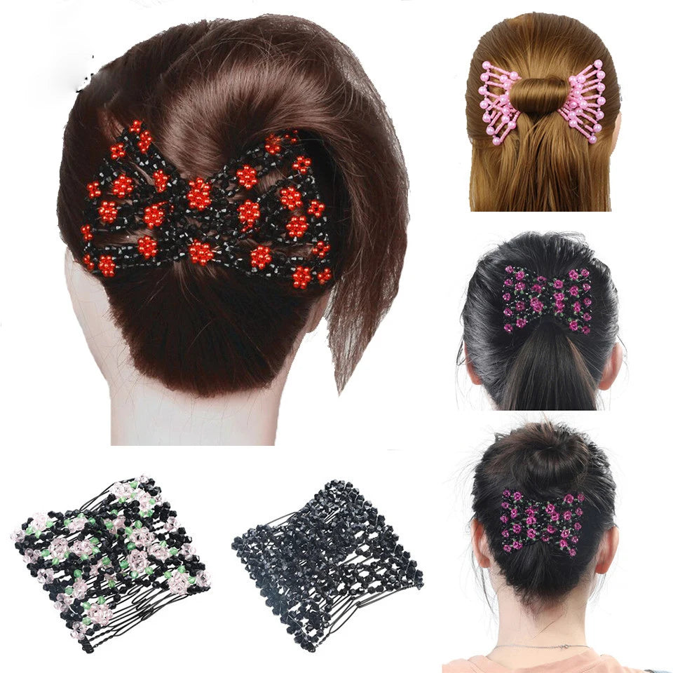 Hair Magic Comb Clip Beaded Flower Barrette Hairpin