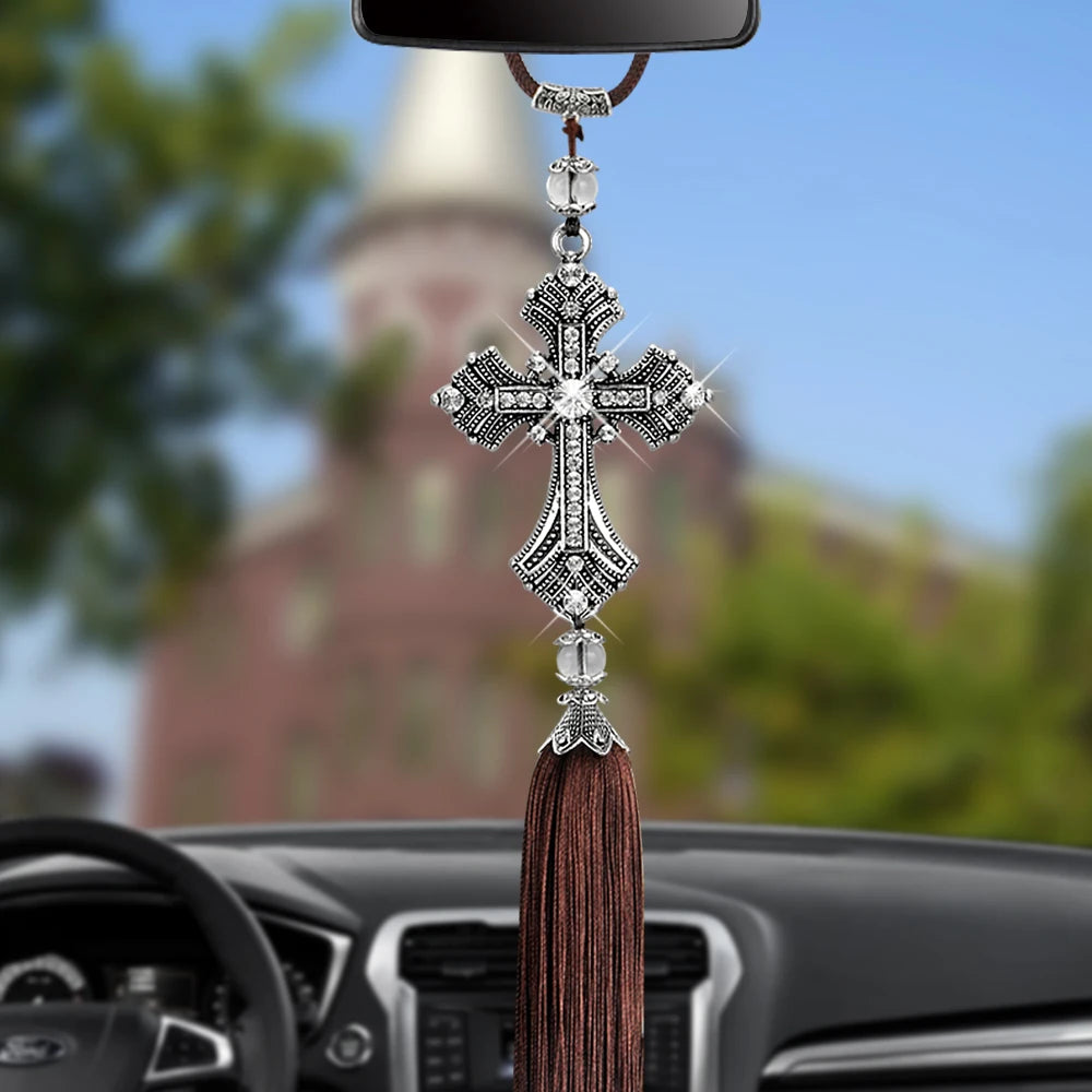 Metal And Crystal Rhinestone Cross Christian Car Rear View Mirror Decoration