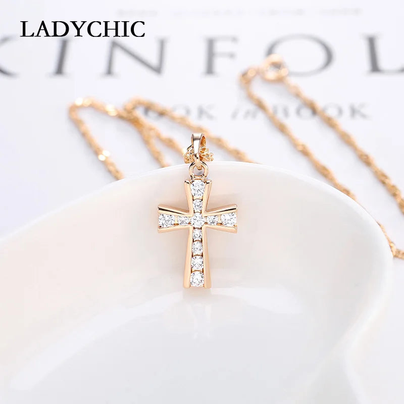 LADYCHIC Elegant Zircon Cross Pendant Christian Jewelry Necklace