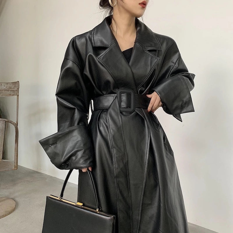 Long oversized vegan leather trench coat for women