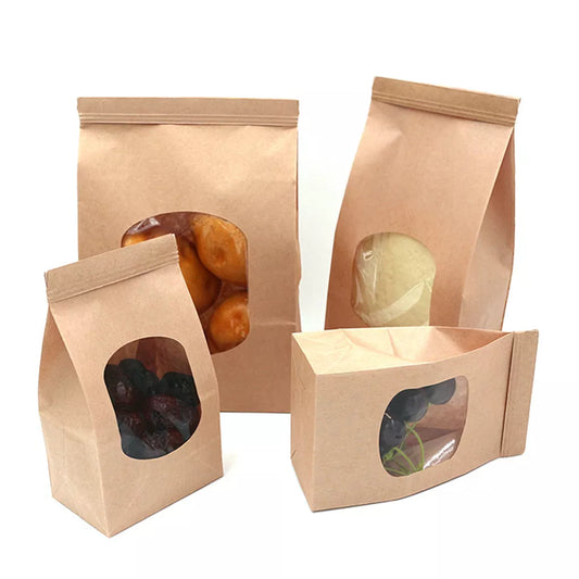 50Pcs Bakery Bags with Clear Window Sealing Grease Proof Kraft Paper Bag