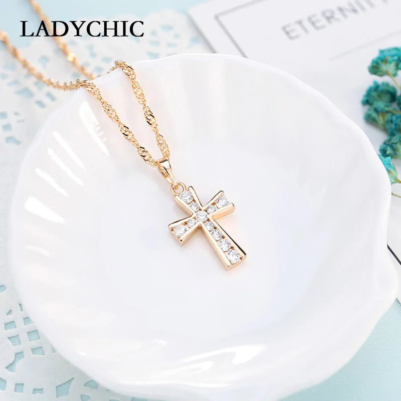 LADYCHIC Elegant Zircon Cross Pendant Christian Jewelry Necklace