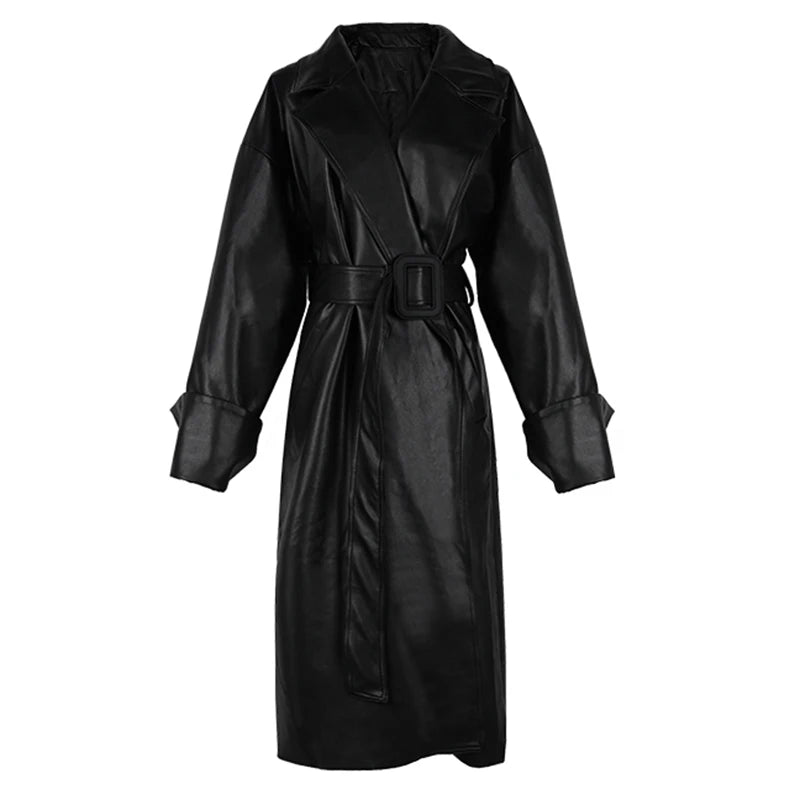 Long oversized vegan leather trench coat for women