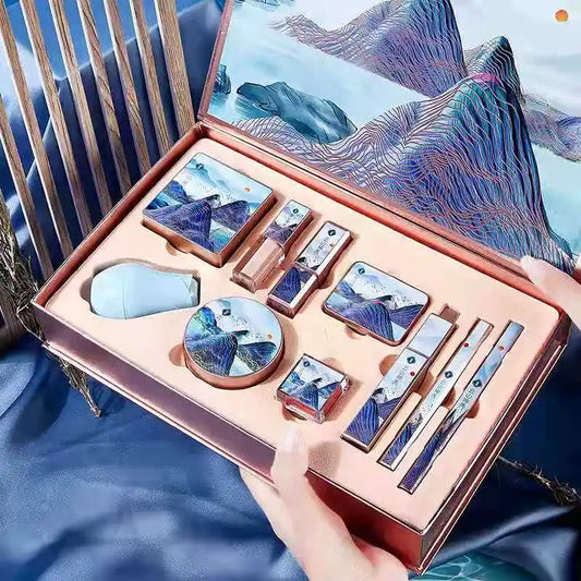 Cosmetic Set Lotus Pond Moonlight Gift Box, Velvet Lipstick, Ivory Concealer, Eye Shadow, Setting Powder