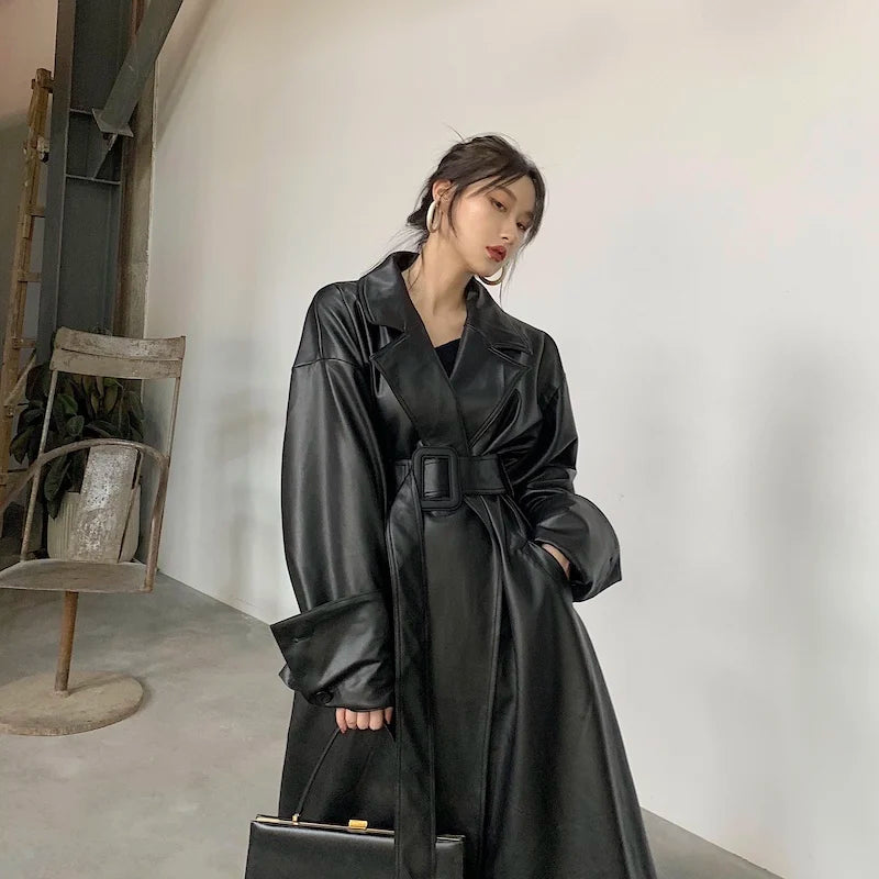 Long oversized vegan leather trench coat for women