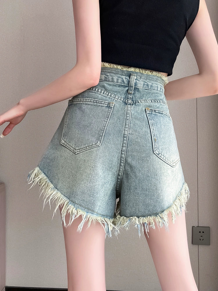 High Waist Pocket Design Denim Shorts, available in Plus Size