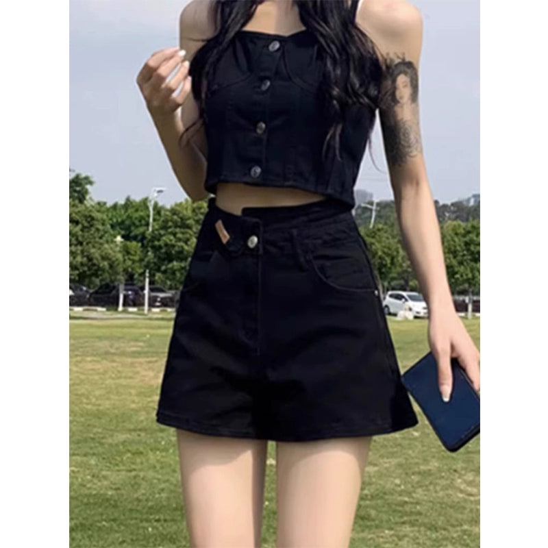 High Waist Black Denim Shorts, available in Plus Sizes