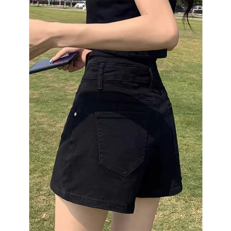 High Waist Black Denim Shorts, available in Plus Sizes