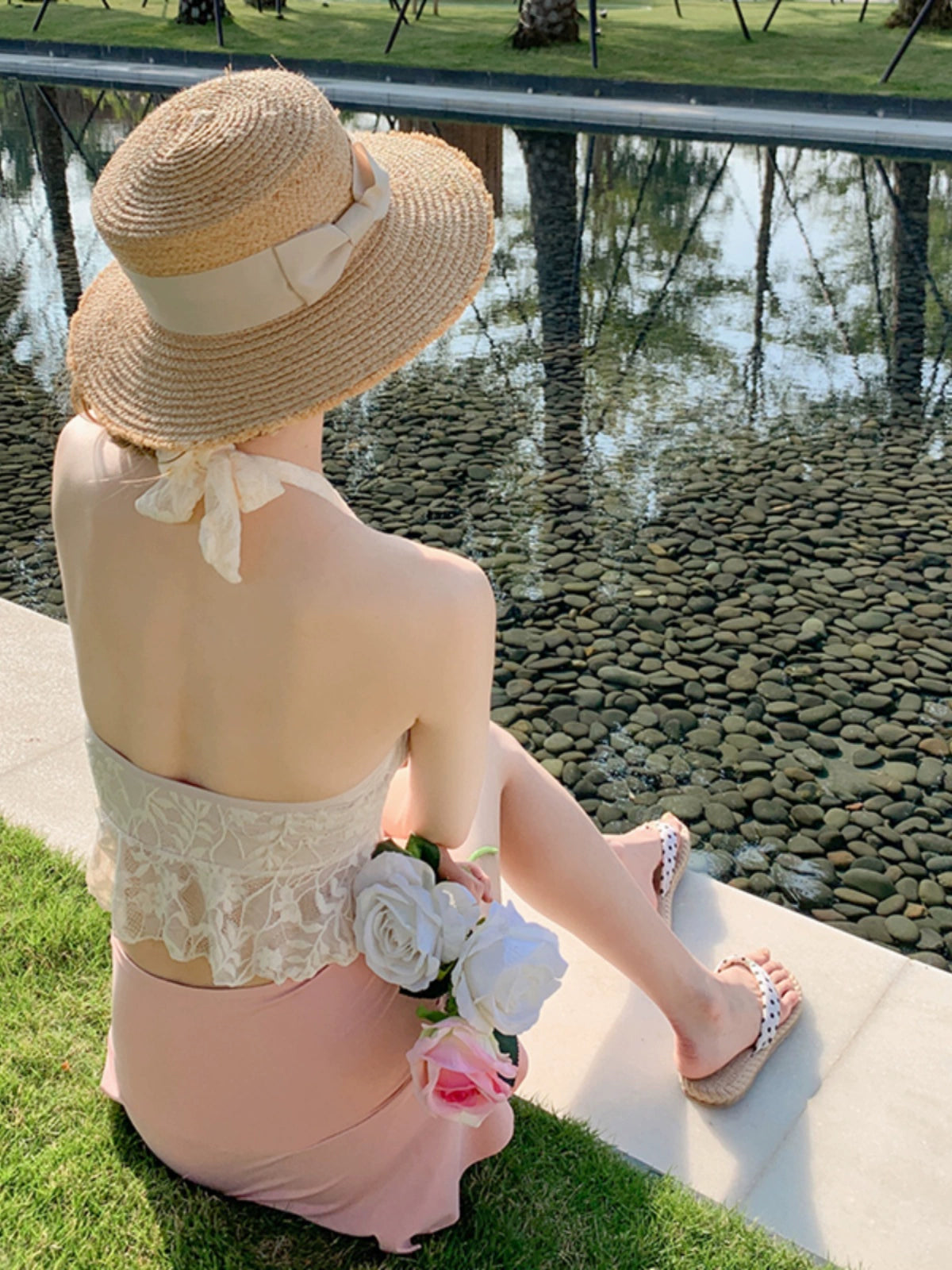 Fancy Pink Slimming Halter  Swimsuit