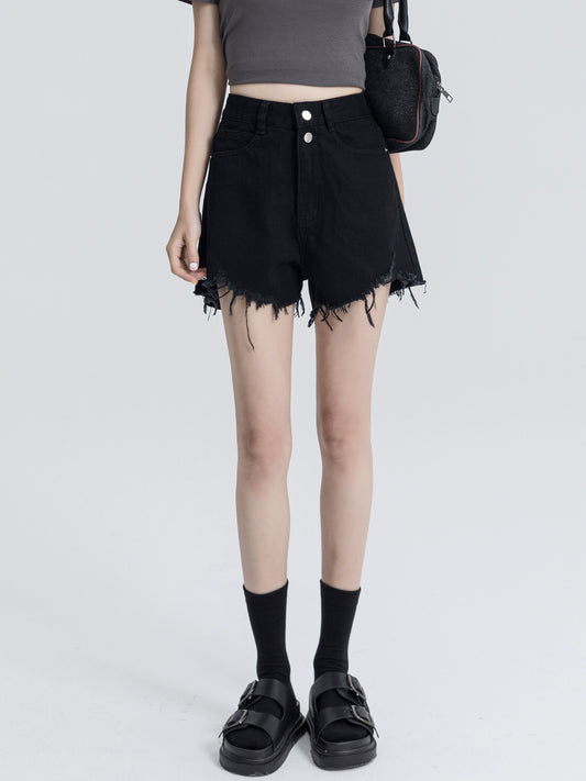 Double Button Black Denim Shorts