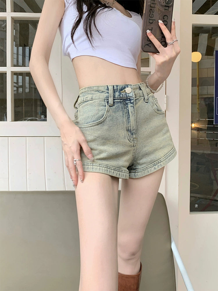 Retro High Waist A- line Sheath Denim Shorts