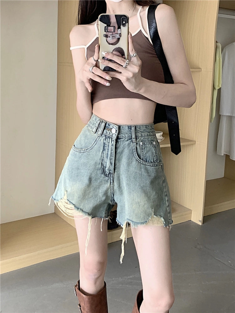 Retro Wide Leg High Waist Ripped Denim Shorts