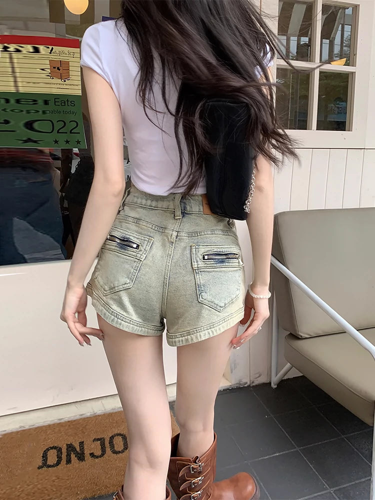 Retro High Waist A- line Sheath Denim Shorts