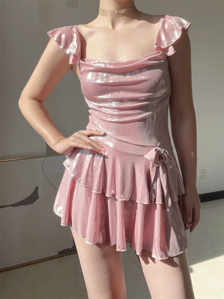 Modest Pearlescent Thin and Glittering Skirt Swimsuit